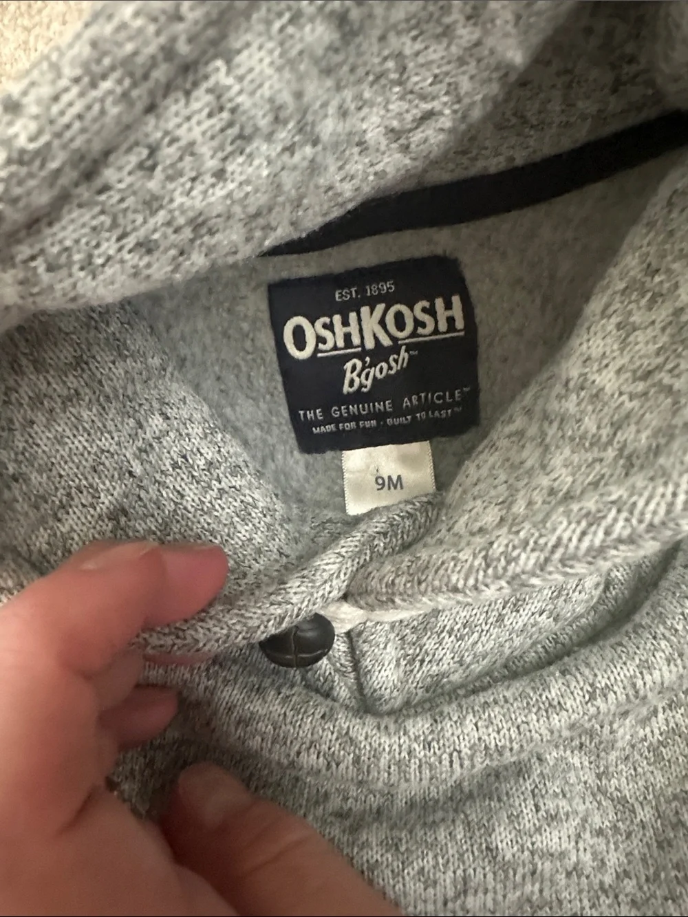 OshKosh B'gosh Gray Shawl Collar Sweater fleece inside 9 mo